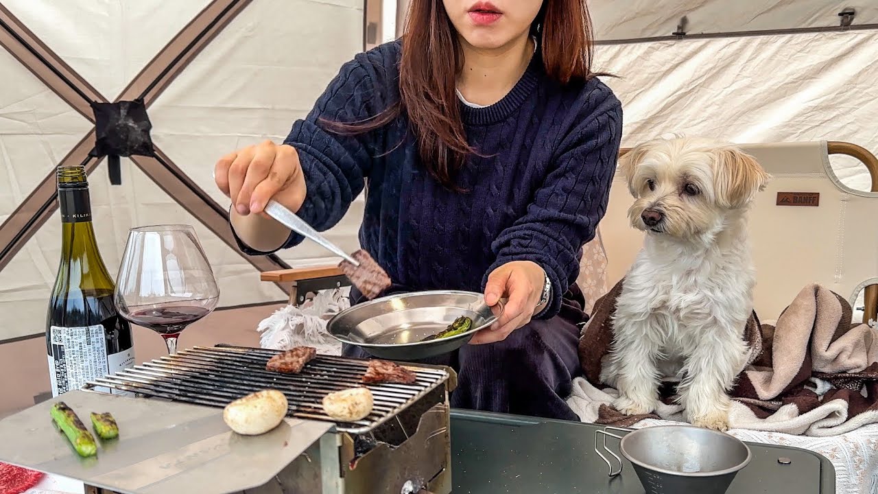 허리가 뽀개져도 숯불구이 먹으러 캠핑가는 광기..🙂 미니 화로대에 한우 구워 와인 혼술 | 대전 애견동반 하기숲캠핑장