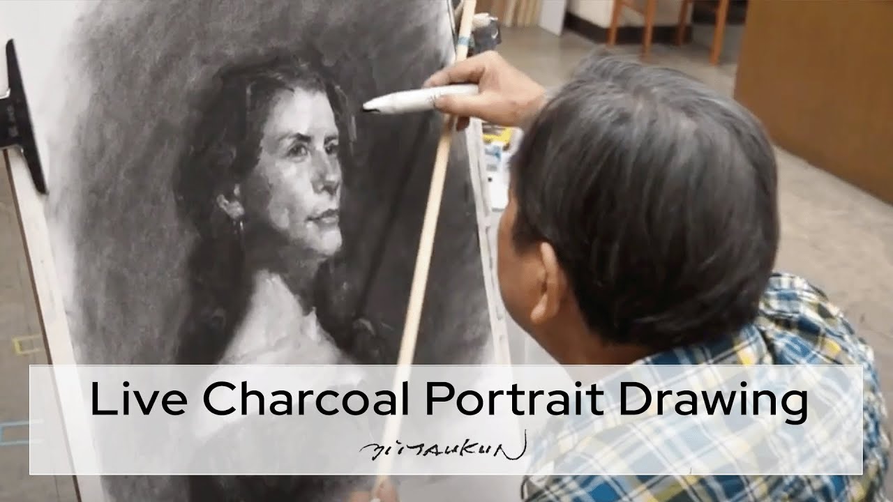 Live Charcoal Portrait Drawing: Female Half-Profile by Yim Mau-Kun