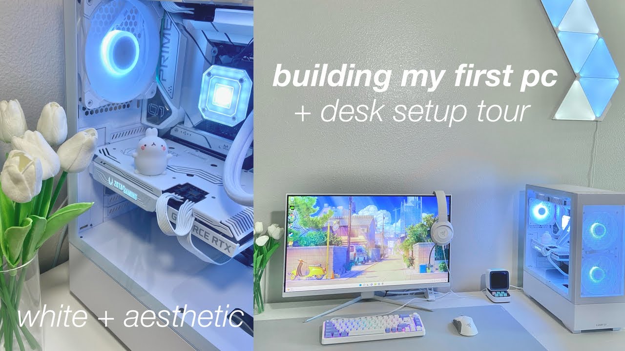 building my first gaming pc | aesthetic white build and desk + setup tour
