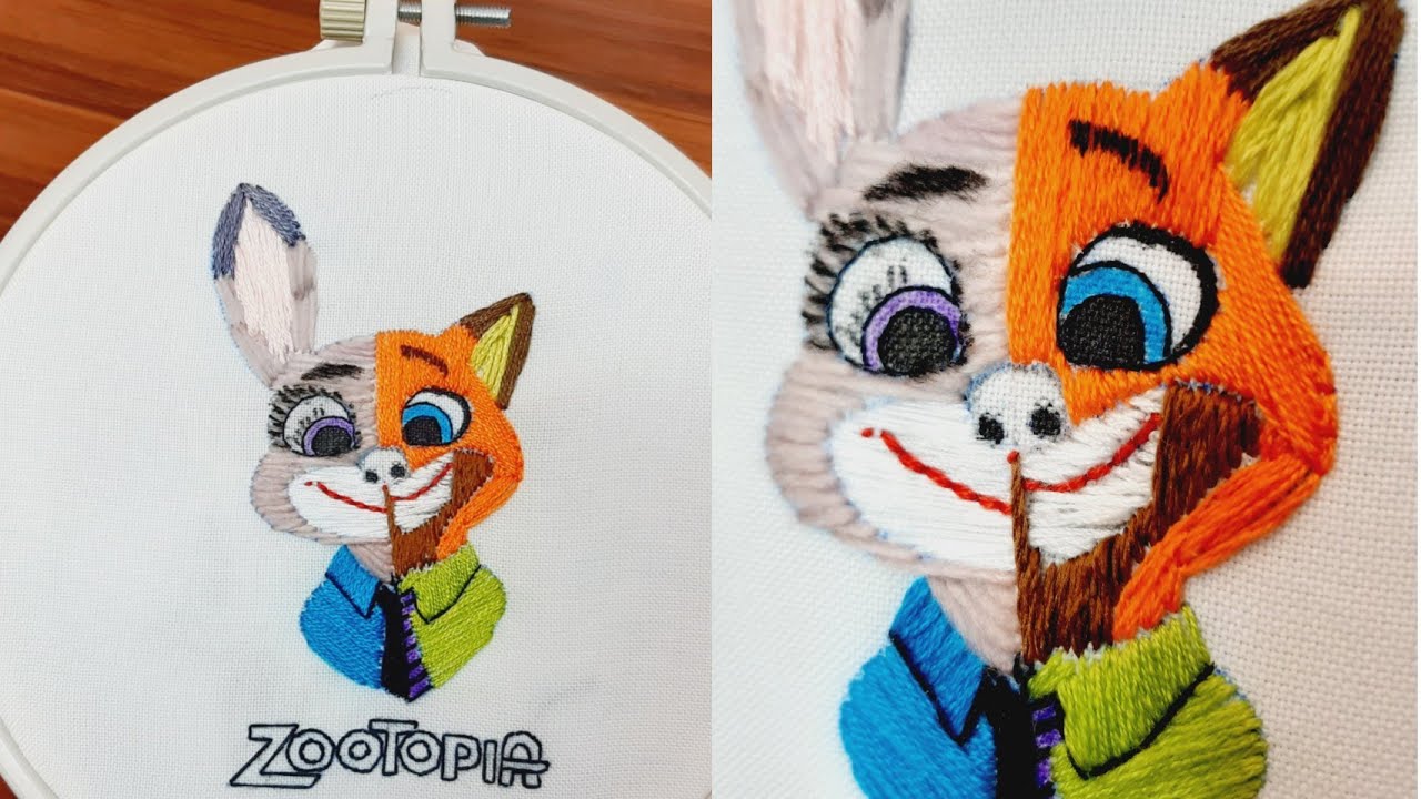 Embroidery of the cartoon character Zotopia,🐰🦊,Embroidery for beginner,back stitch,گلدوزی زوتوپیا❄