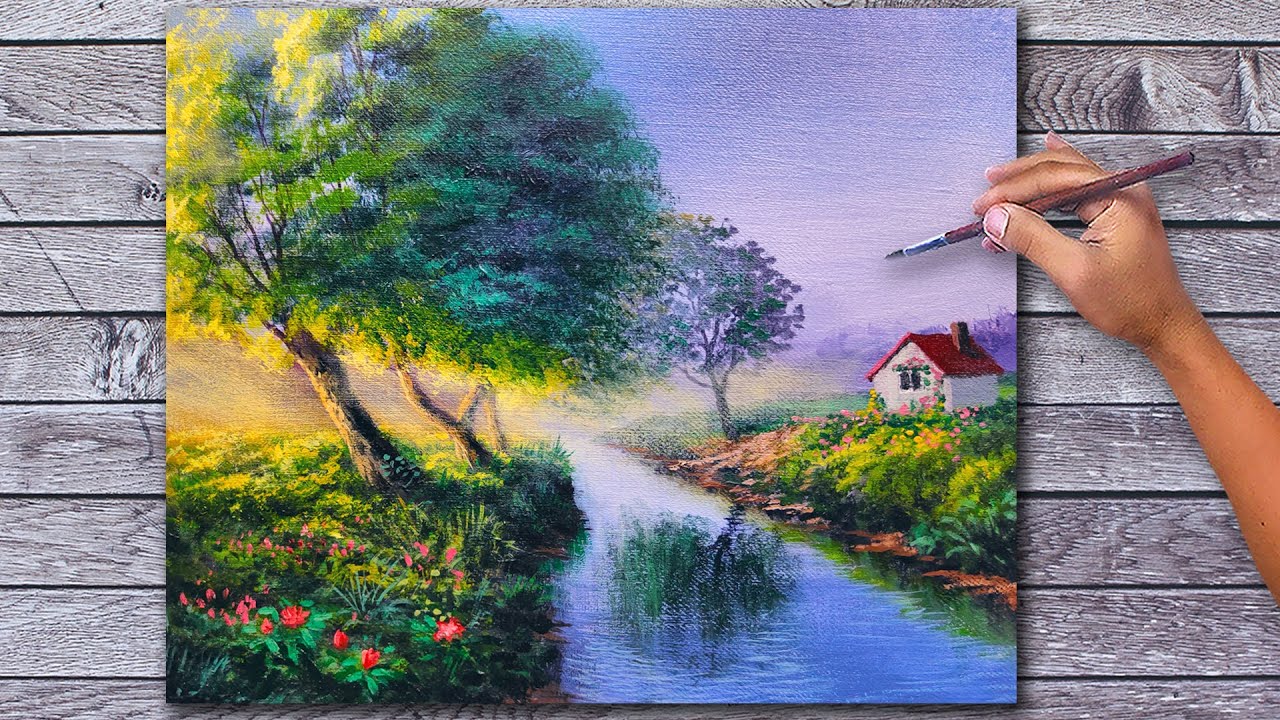 Acrylic Landscape Painting Time-lapse / Golden Hour with House / Fine Art