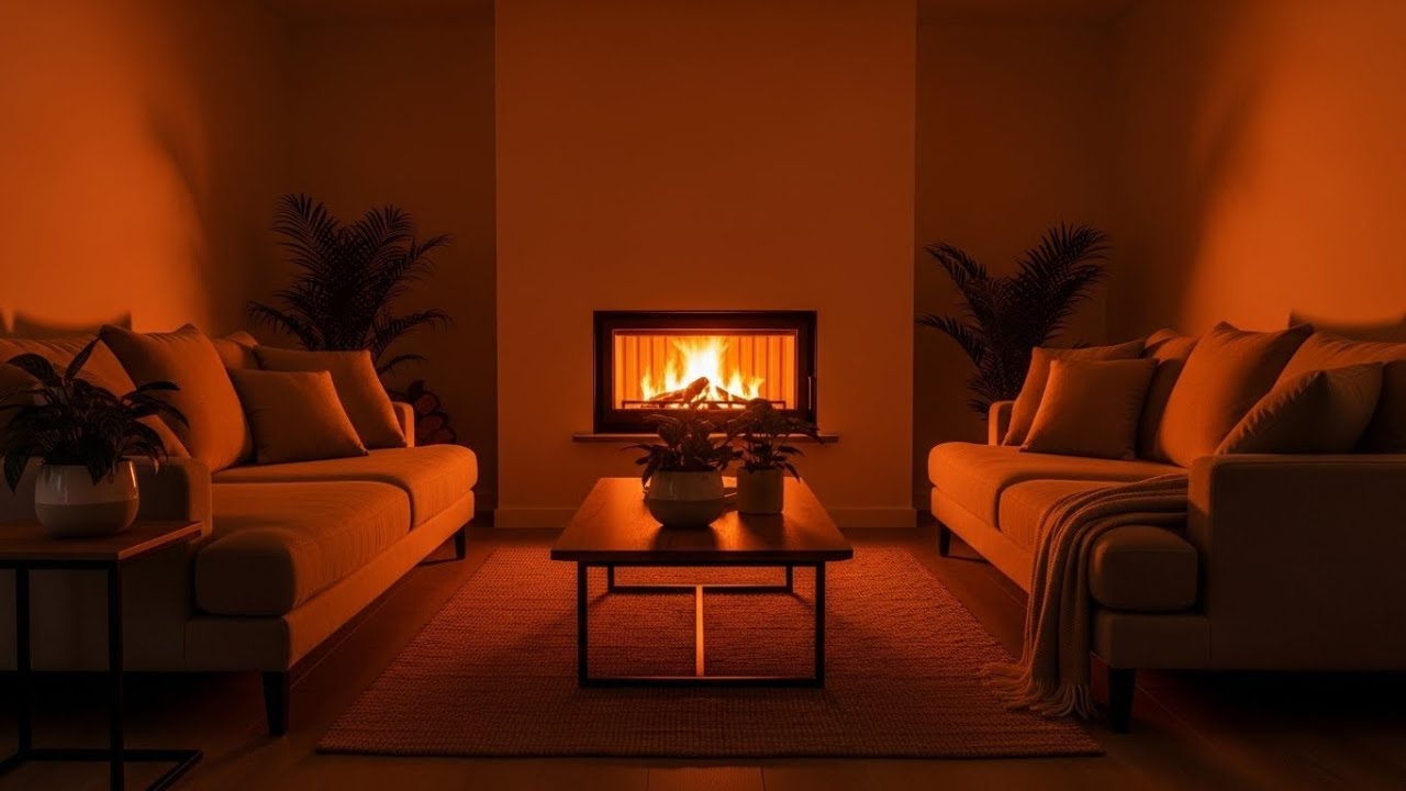 Relaxing Night Fireplace Ambience • Cozy Living Room with Gentle Rain Sounds
