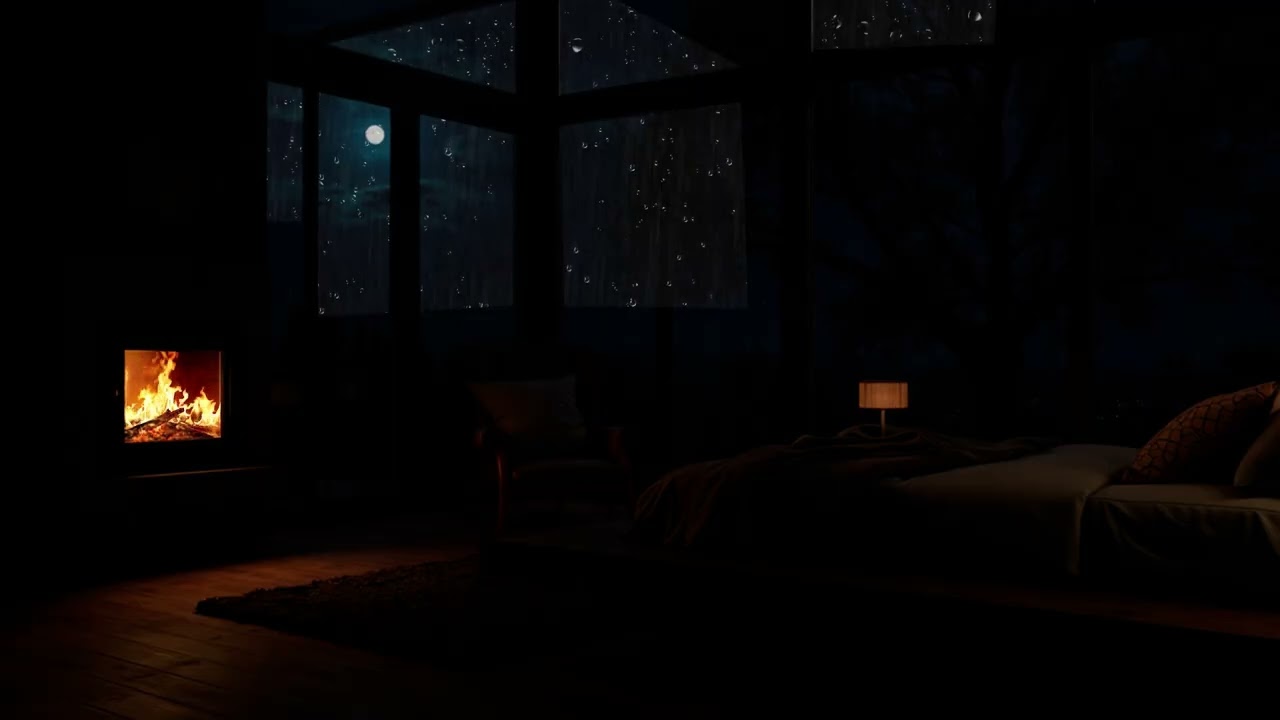 Cozy Fireplace Night with Rain Sounds Outside the Window | Relaxing Ambience for Deep Sleep & Study