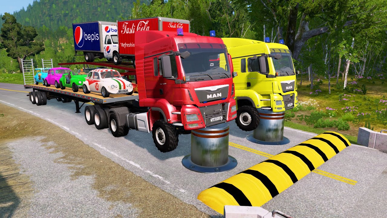 Double Flatbed Trailer Truck vs Speedbumps Train vs Cars Beamng.Drive 32