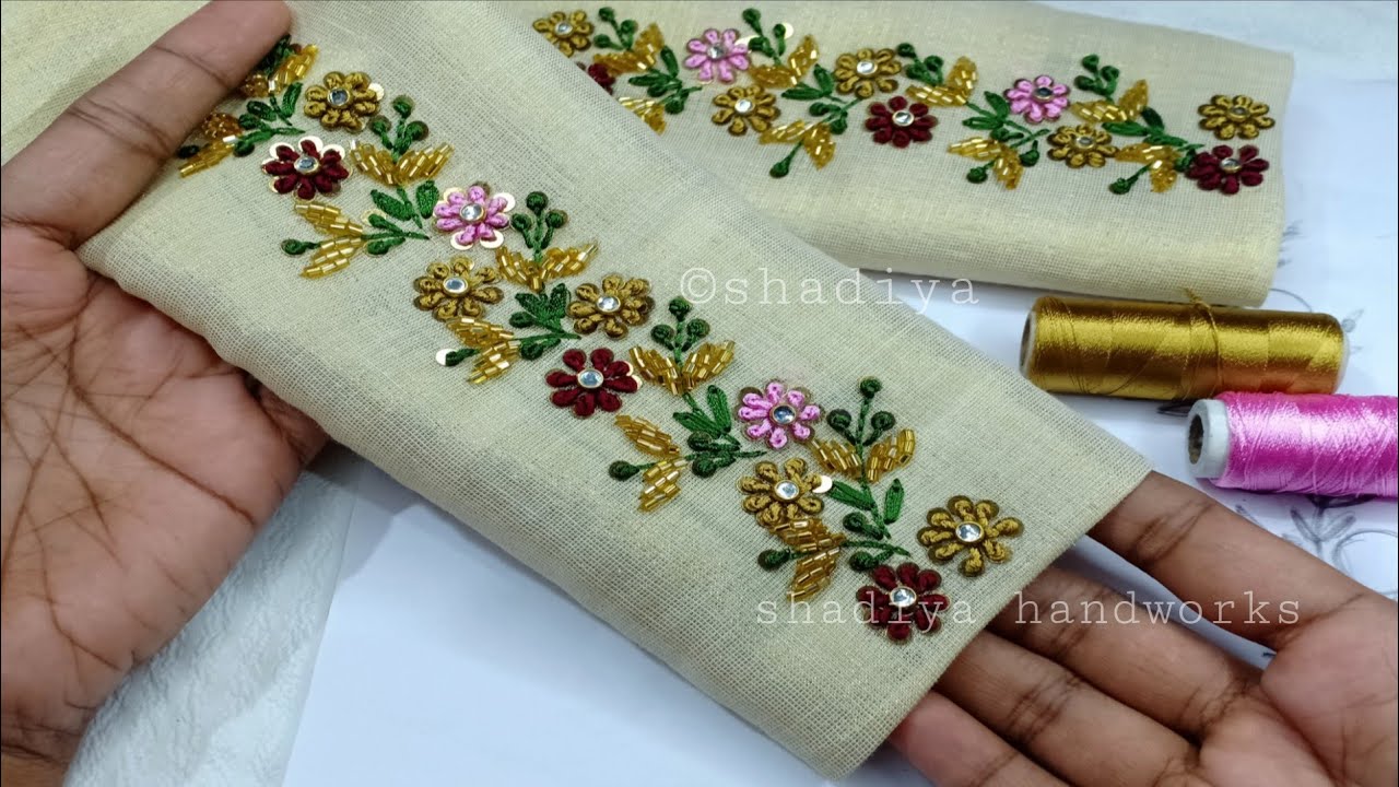 Amazing embroidery sleeve border design with golden thread 😍
