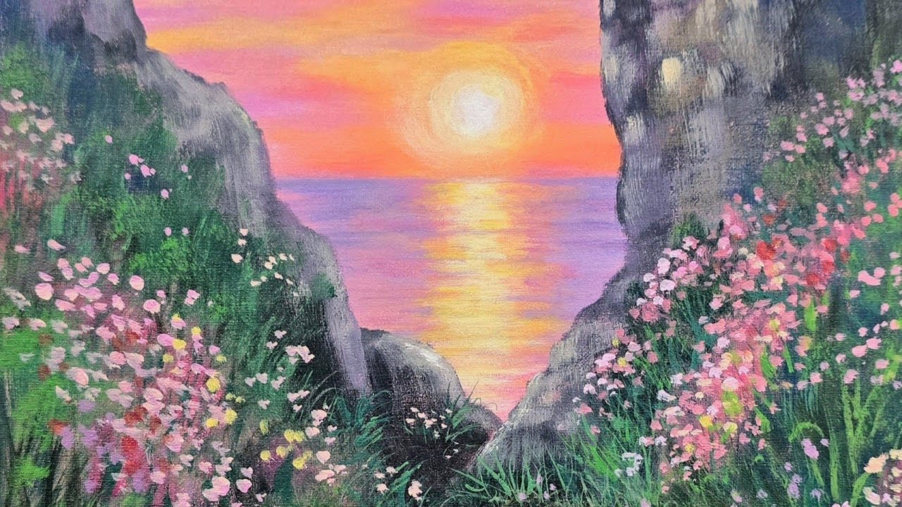 Beach Path Seascape with Flowers Acrylic Painting Tutorial