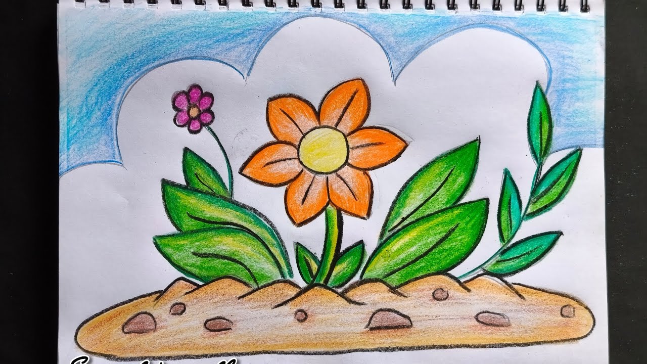 Easy Flower Garden Drawing with Oil Pastels 🌼 Step by Step Nature Scenery Art for Beginners