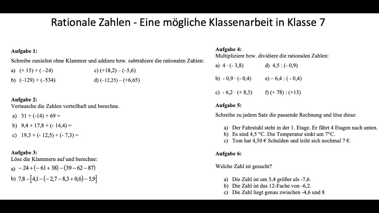 Rationale Zahlen  Klasse 7 - eine mögliche Klassenarbeit