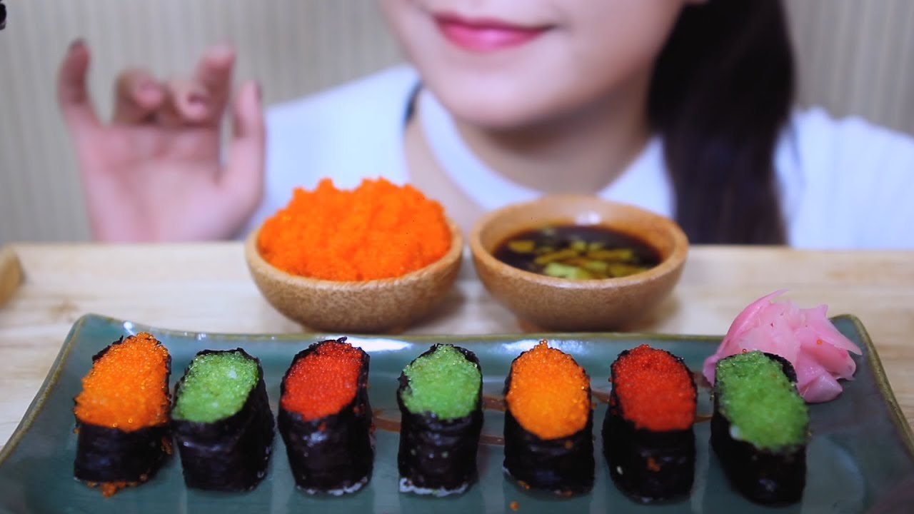 ASMR Tobiko Eggs Sushi, Popping crunchy eating sounds | LINH ASMR