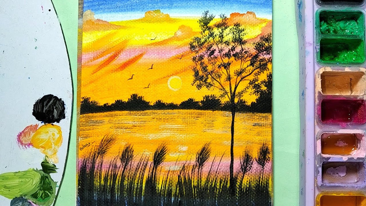 How to paint landscape scenery painting. Sunset scenery painting idea. Esha's Art's.✨