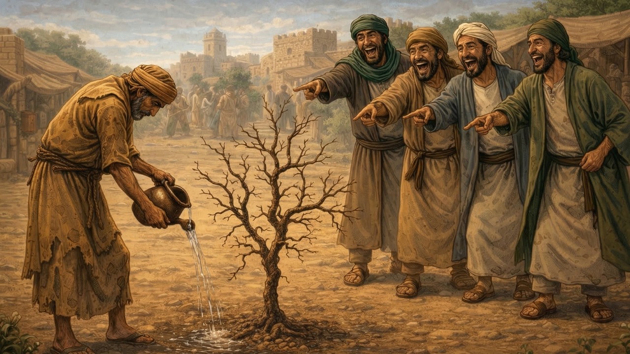 سخروا من رجلٍ فقيرٍ كان يسقي شجرةً يابسةً منذ سنوات… لكن ما حدث في النهاية لم يتوقعه أحد!