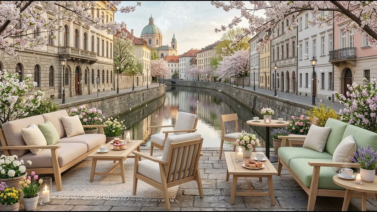 Весенний джаз-кафе у реки ☕🌿 Расслабляющий мягкий джаз у канала в старом европейском городе