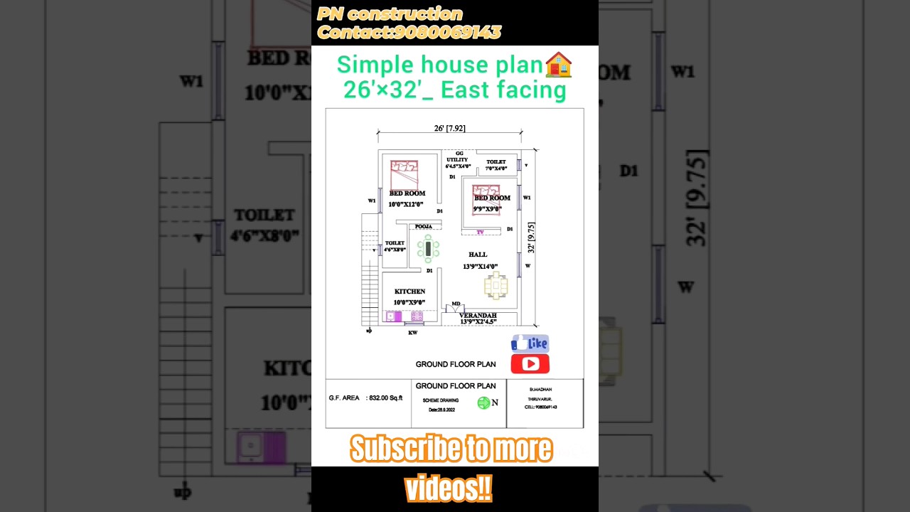 26'&times;32'simple house plan #east facing#houseplan #simplehouseplan #plans #construction