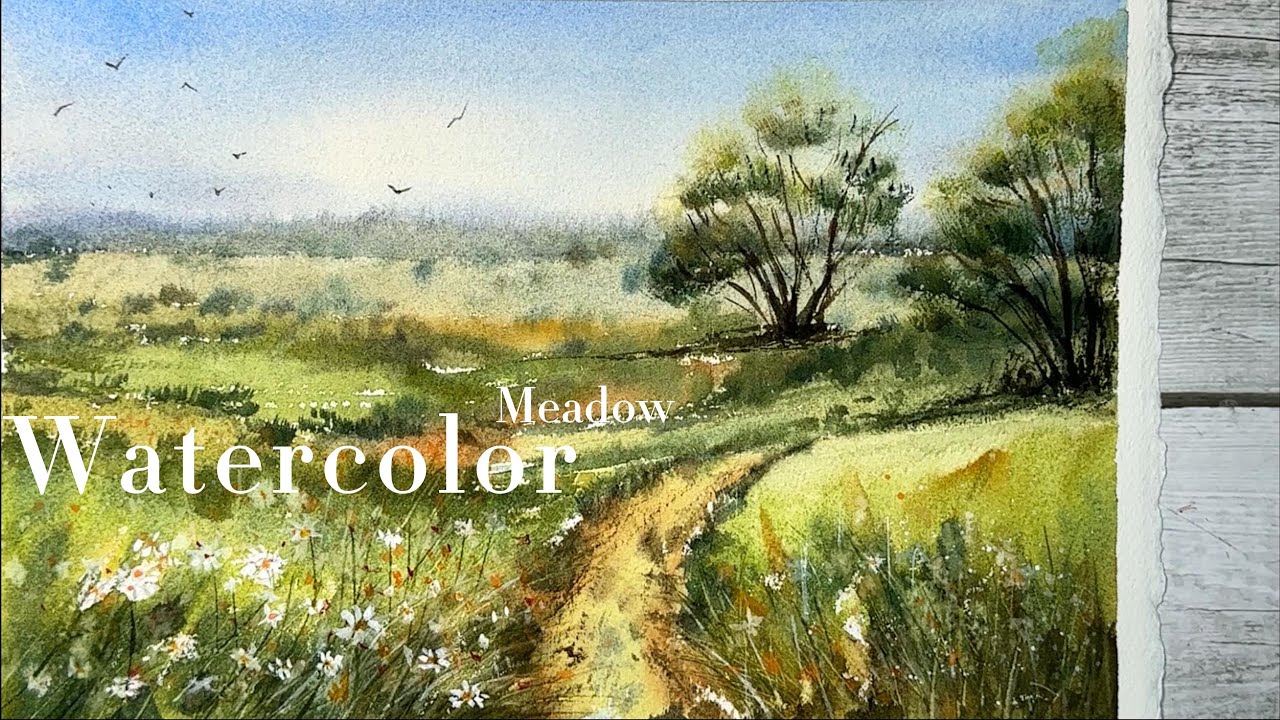Peaceful Landscape Meadow With  Road In Watercolor Painting Step By step Countryside Wild Flowers