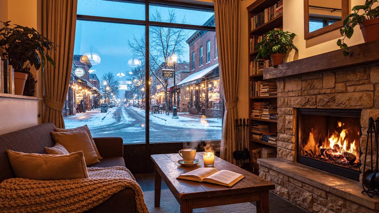 Calm Snowy Winter Café ❄️ Soft Jazz Music with Fireplace Sounds for Study & Work