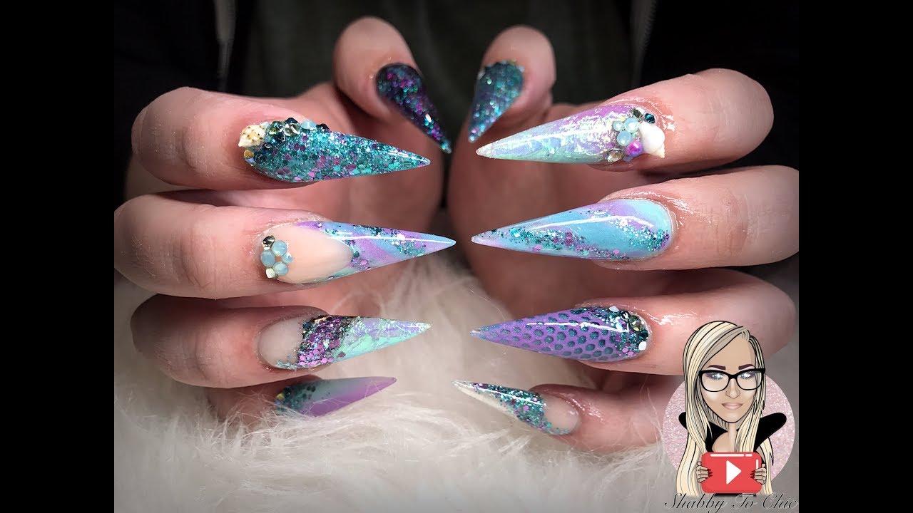 Mermaid nails ~ under the sea ~ long stiletto ~ glam and glits
