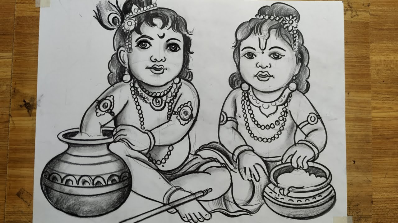 how to draw bal krishna and balaram pencil sketch drawig,lord krishna drawing,bal gopal line drawing