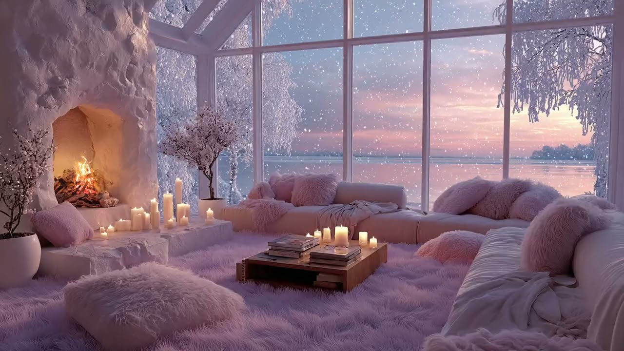 A Cinematic Winter Night by the Lake with Soft Piano, Falling Snow and Fireplace Warmth for Sleep