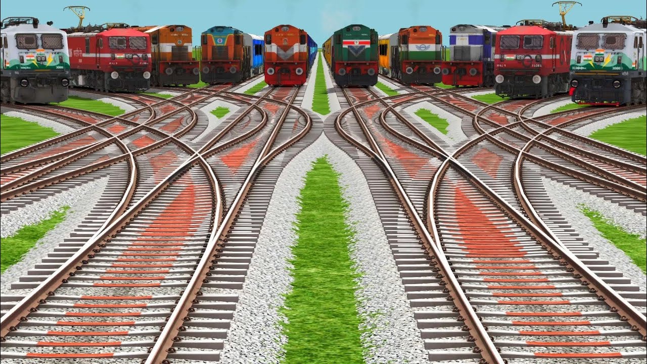 Diesel And Electric Trains Crossing By Diamond Railroad Tracks l train game| train Simulator 