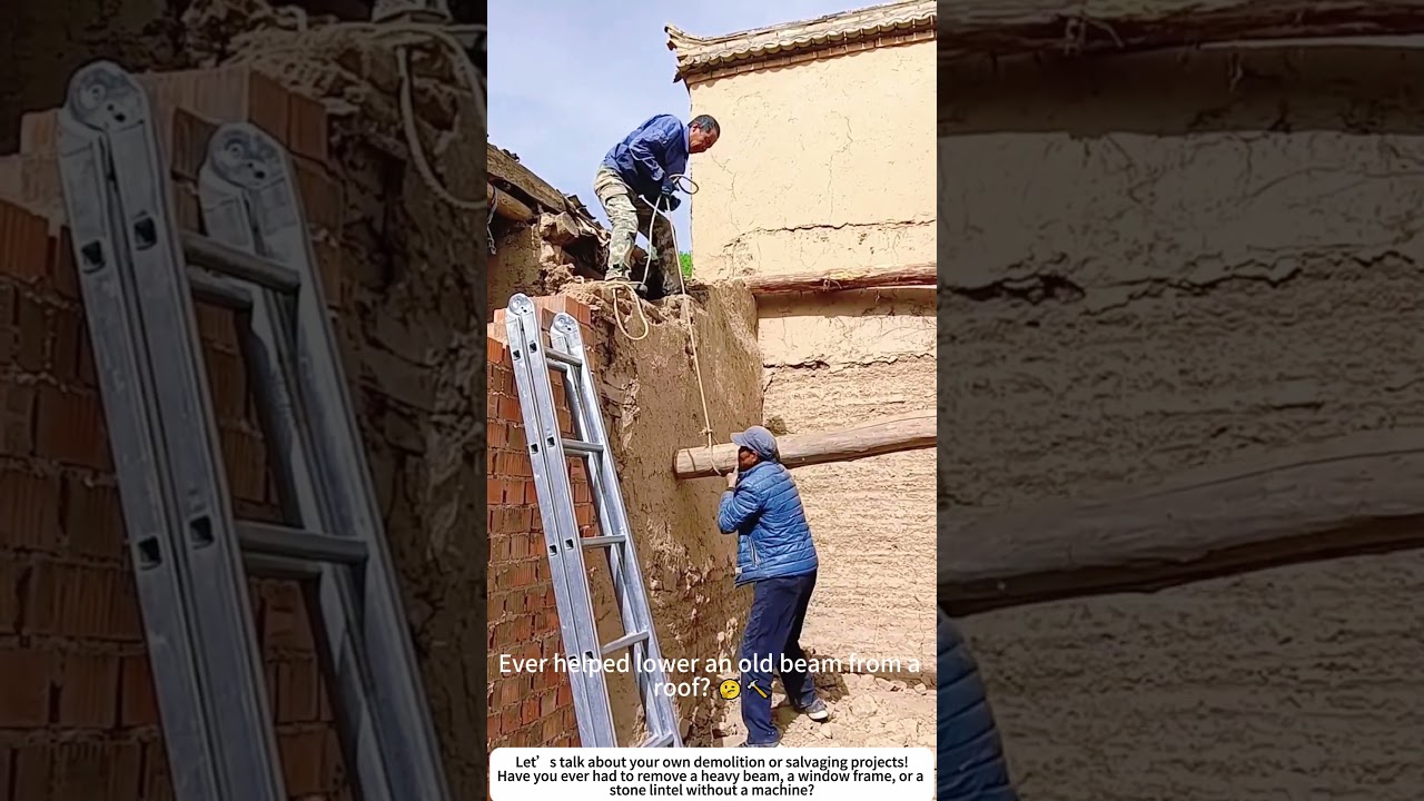 Lowering a Old Wooden Beam &ndash; Two‑Man Demolition Teamwork 🔩🏠