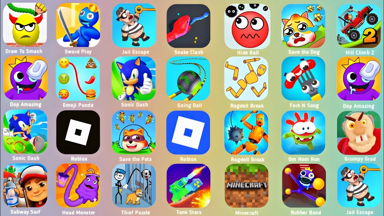 Draw to Smash,Race Master,Aquapark.io,Bridge Race,Hide Ball,Build a Queen,Ragdoll Break,Emoji Puzzle