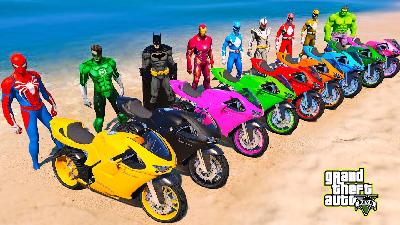 SPIDERMAN vs POWER RANGERS SUPER MOTORBIKES RACING CHALLENGE on MOUNTAIN MEGA RAMP,CARS RACE - GTA 5