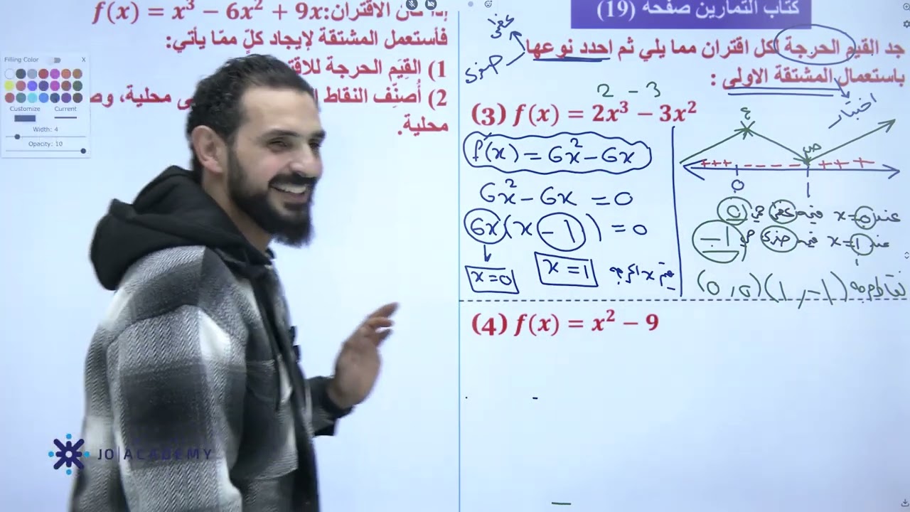 شرح الدرس الثالث - الوحدة الثالثة - اختبار المشتقه الاولى والثانيه وايجاد القيم الحرجه  توجيهي 2007