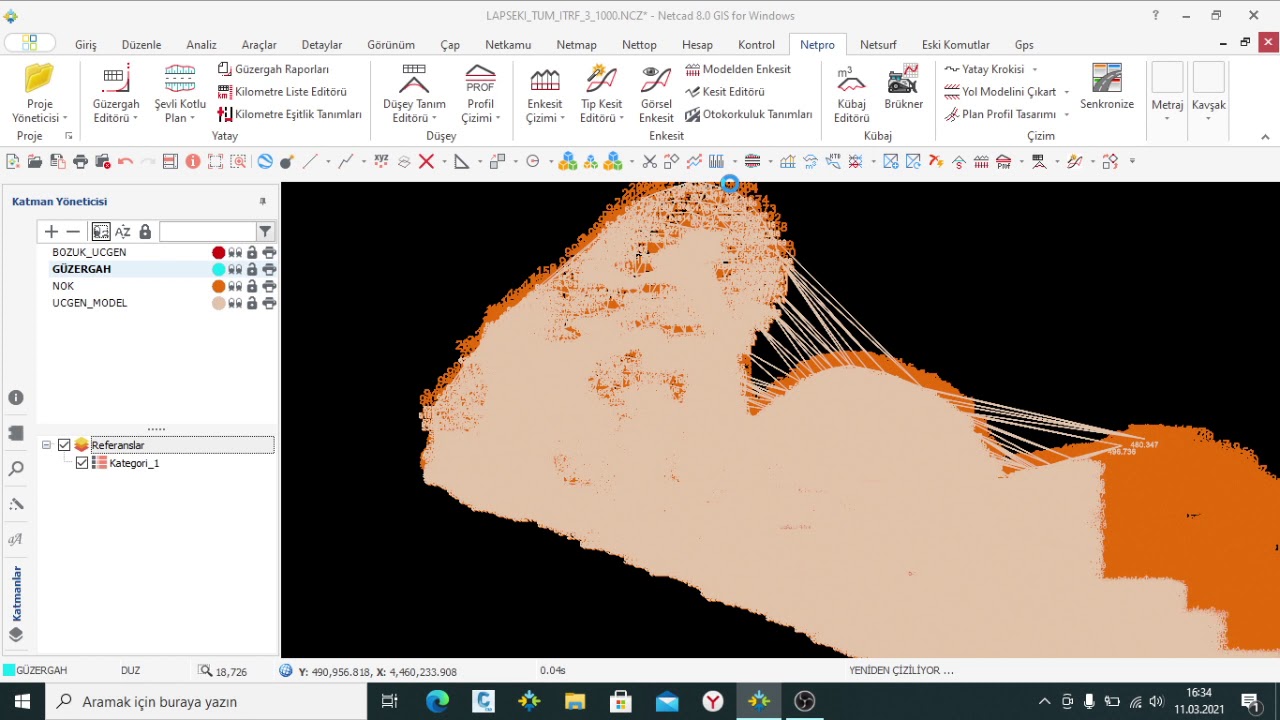 NETCAD 8,0 YOL PROJESİ  VE ŞEVLİ KOTLU PİLAN ÇİZİMİ