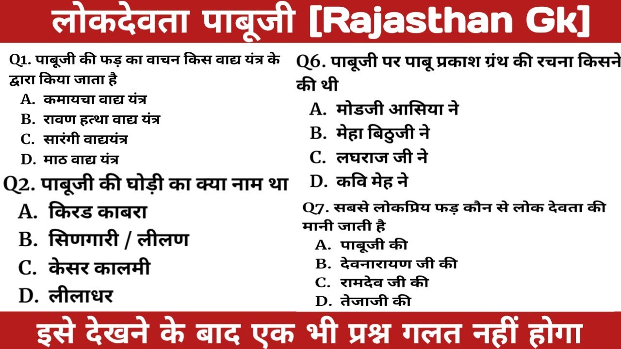पाबूजी राठौड़ जीके | राजस्थान के प्रमुख लोक देवता | Rajasthan Arts and Culture Class