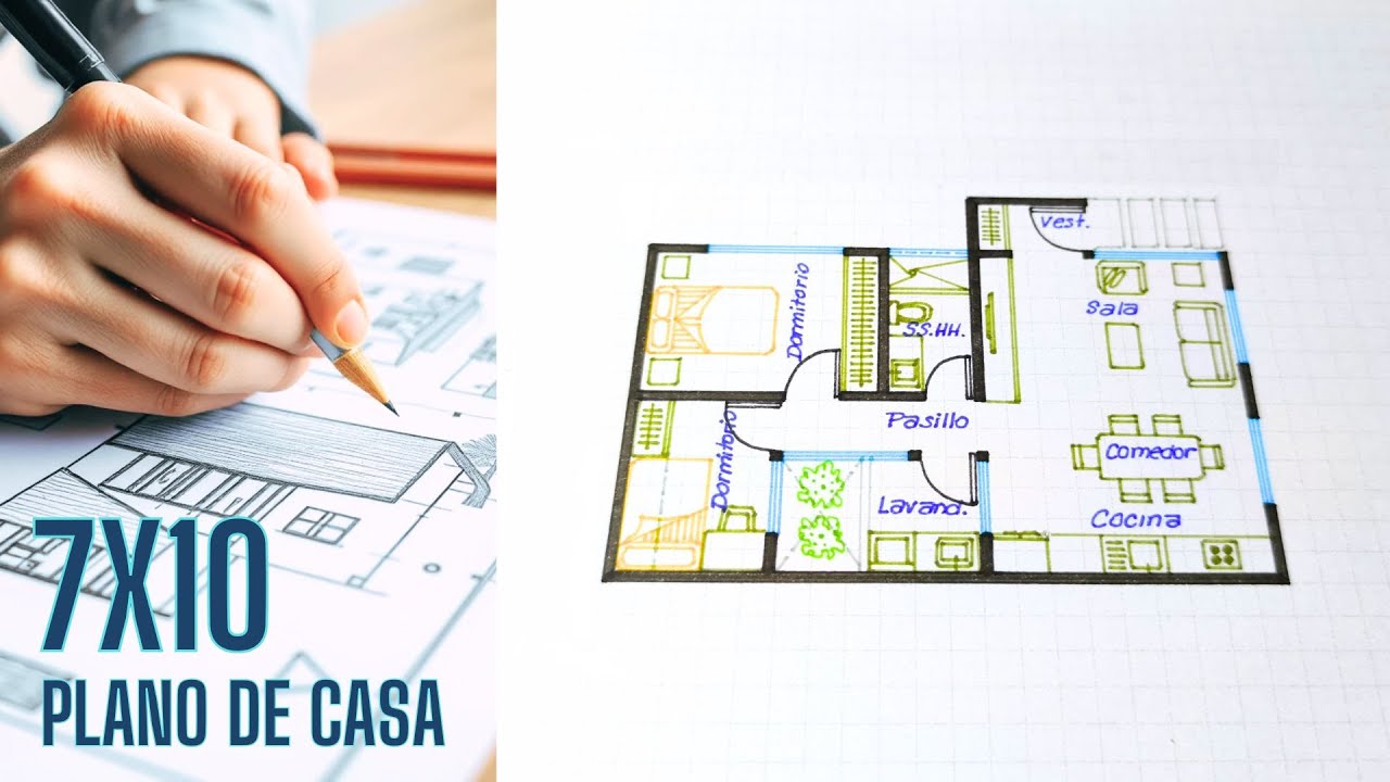 🎨 Como DIBUJAR a mano el PLANO de una CASA de 7x10 metros | Casa con 2 dormitorios