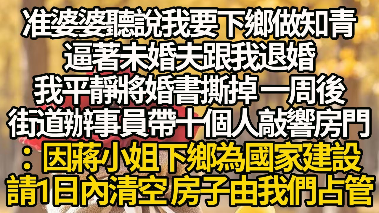 【完結】准婆婆聽說我要下鄉做知青，逼著未婚夫跟我退婚，我平靜將婚書撕掉 一周後，街道辦事員帶十個人敲響房門：因蔣小姐下鄉為國家建設，請1日內清空 房子由我們占管#有聲書 #年代