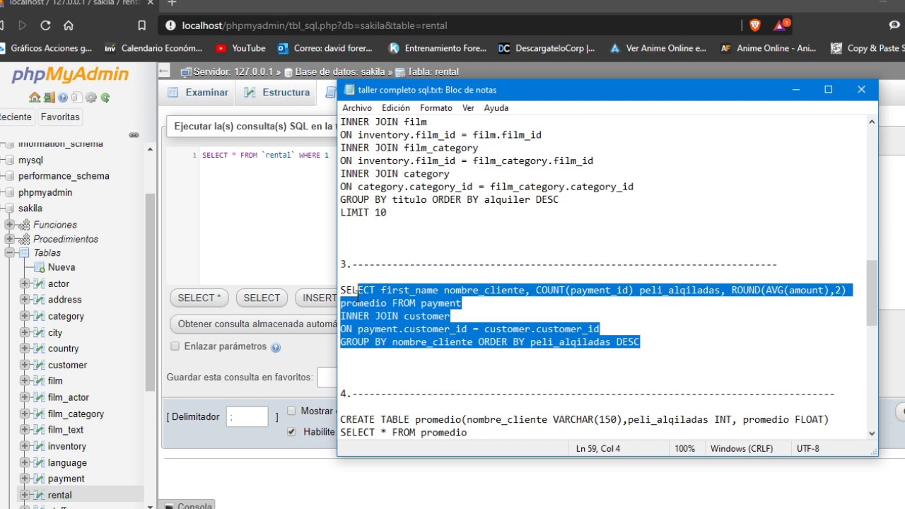 sentecia sql ejercicios en DB sakila