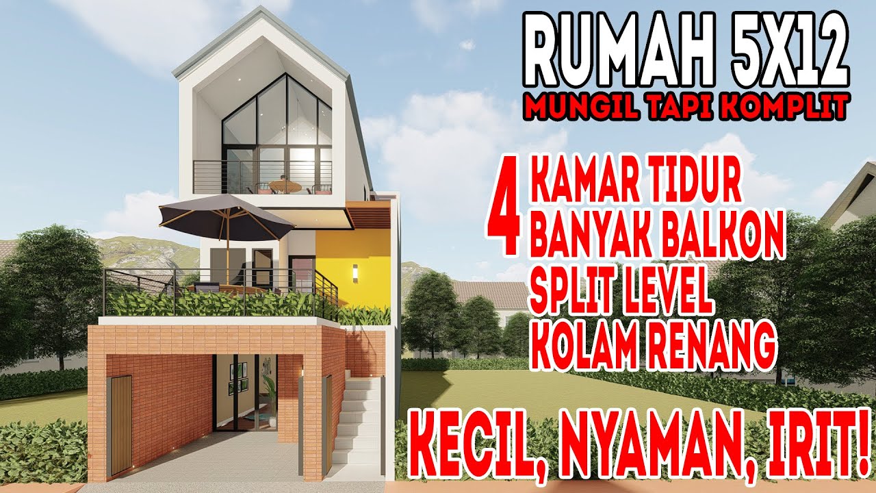 Desain rumah 5x12 2 lantai 4 kamar tidur dengan balkon cantik