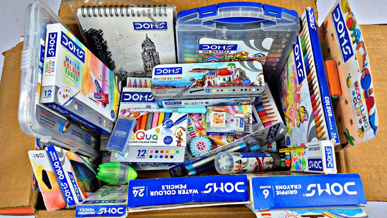Box full of doms stationery - brush pens, wax crayons, colour pencils, retractable eraser, sharpner