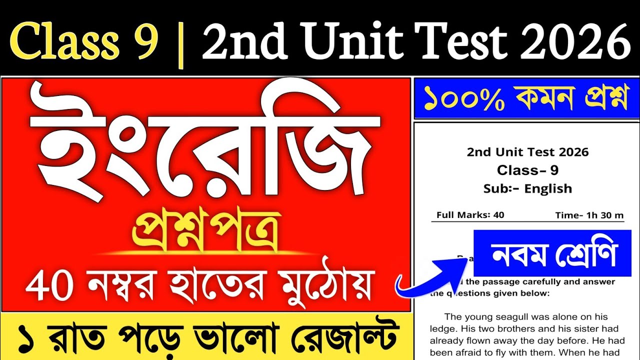 Class 9 English 2nd Unit Test Suggestion 2026 | class 9 2nd summative english question paper 2026
