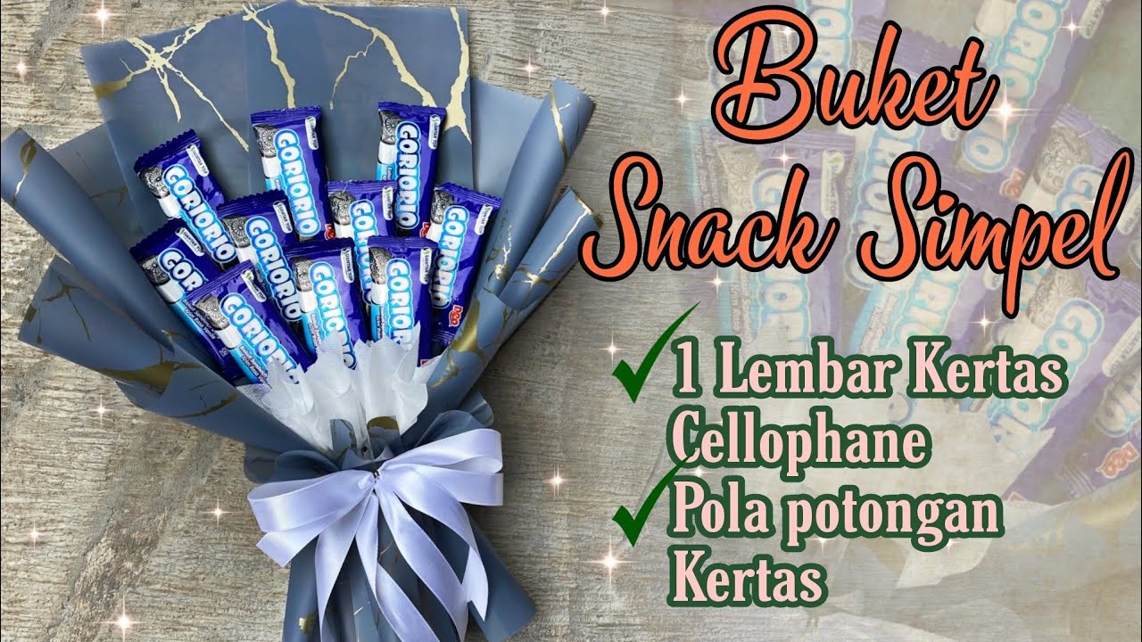 TUTORIAL BUKET SNACK SIMPEL & LOW BUDGET WRAPPING 1 LEMBAR KERTAS CELLOPHANE + POLA POTONGAN KERTAS