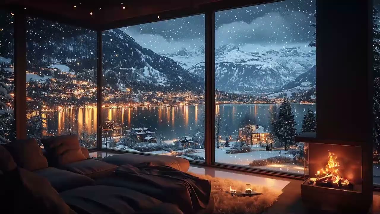 Relaxing Snowy Evening at a Mountain Lake Cabin with Fireplace & Winter Ambience