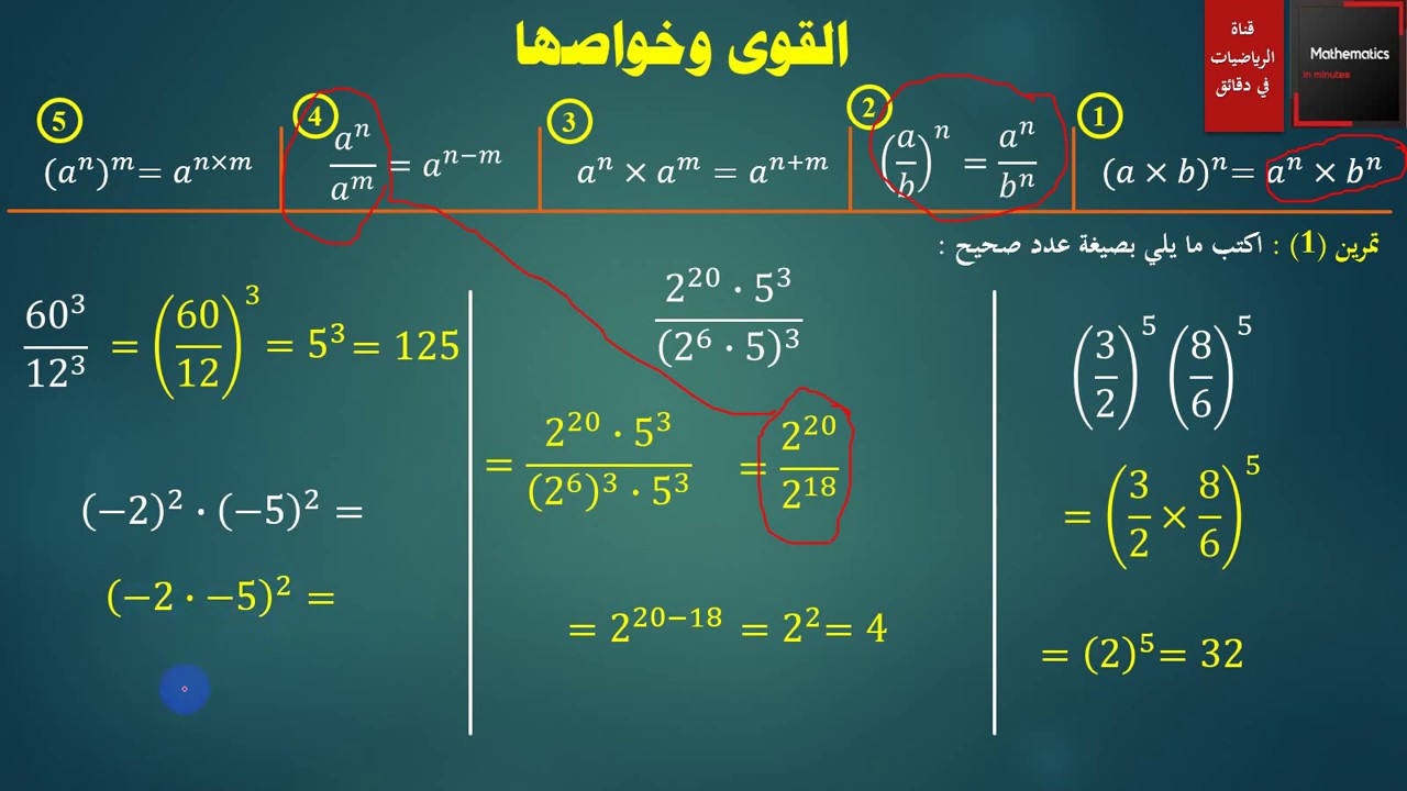 021 - القوى وخواصها - الأس والأساس - المتطابقات التربيعية