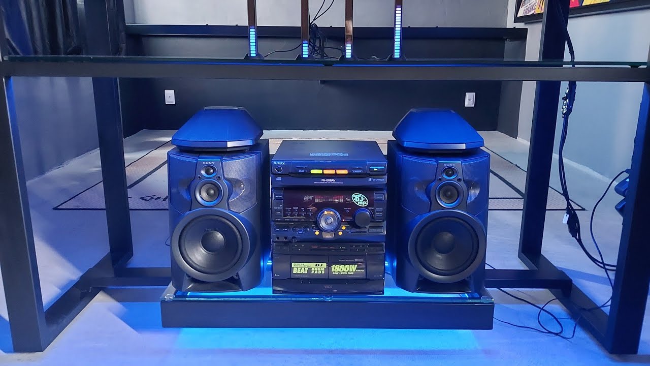 ILHA DE METAL E VIDRO PARA HOME STUDIO COM ILUMINAÇÃO LED E SUPORTE SUSPENSO PARA SYSTEM SONY