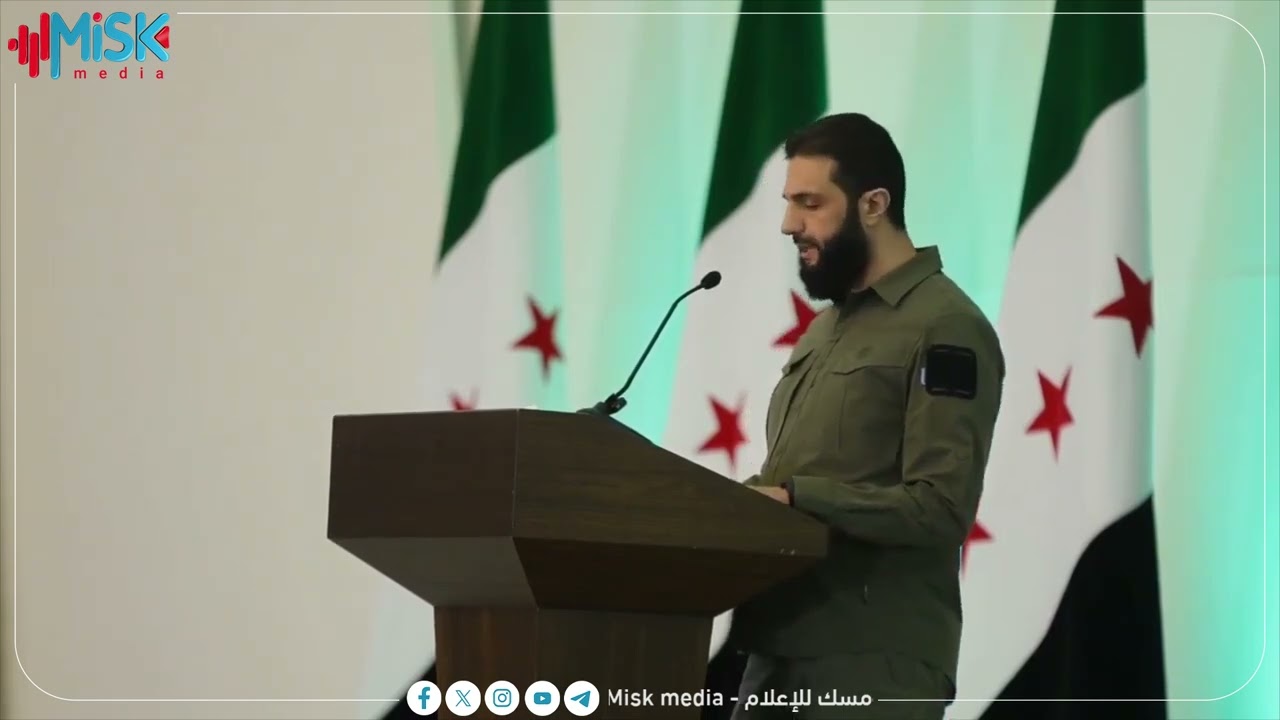 Победная речь президента Сирийской Арабской Республики Ахмеда аш-Шараа на конференции, объявляюща...