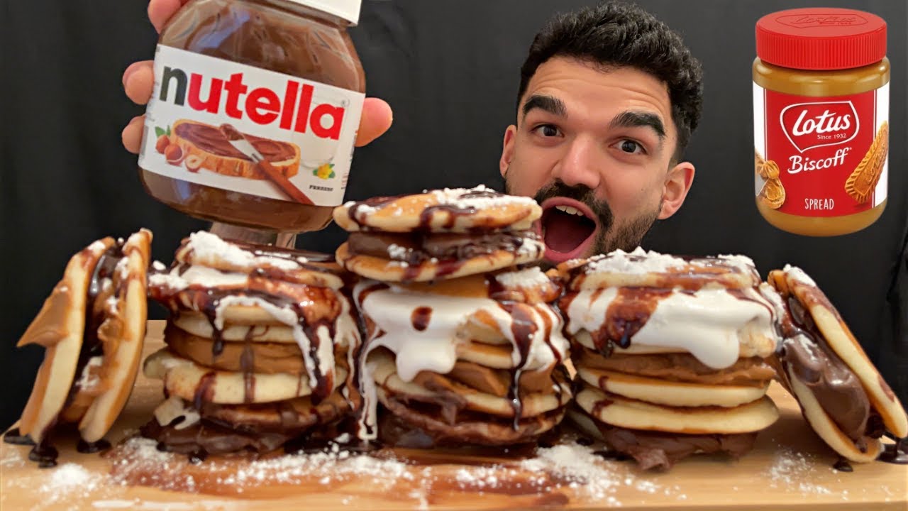 ASMR MUKBANG PANCAKE DAY PARTY NUTELLA PANCAKE MARSHMALLOW PANCAKE BISCOFF PANCAKE NO TALKING