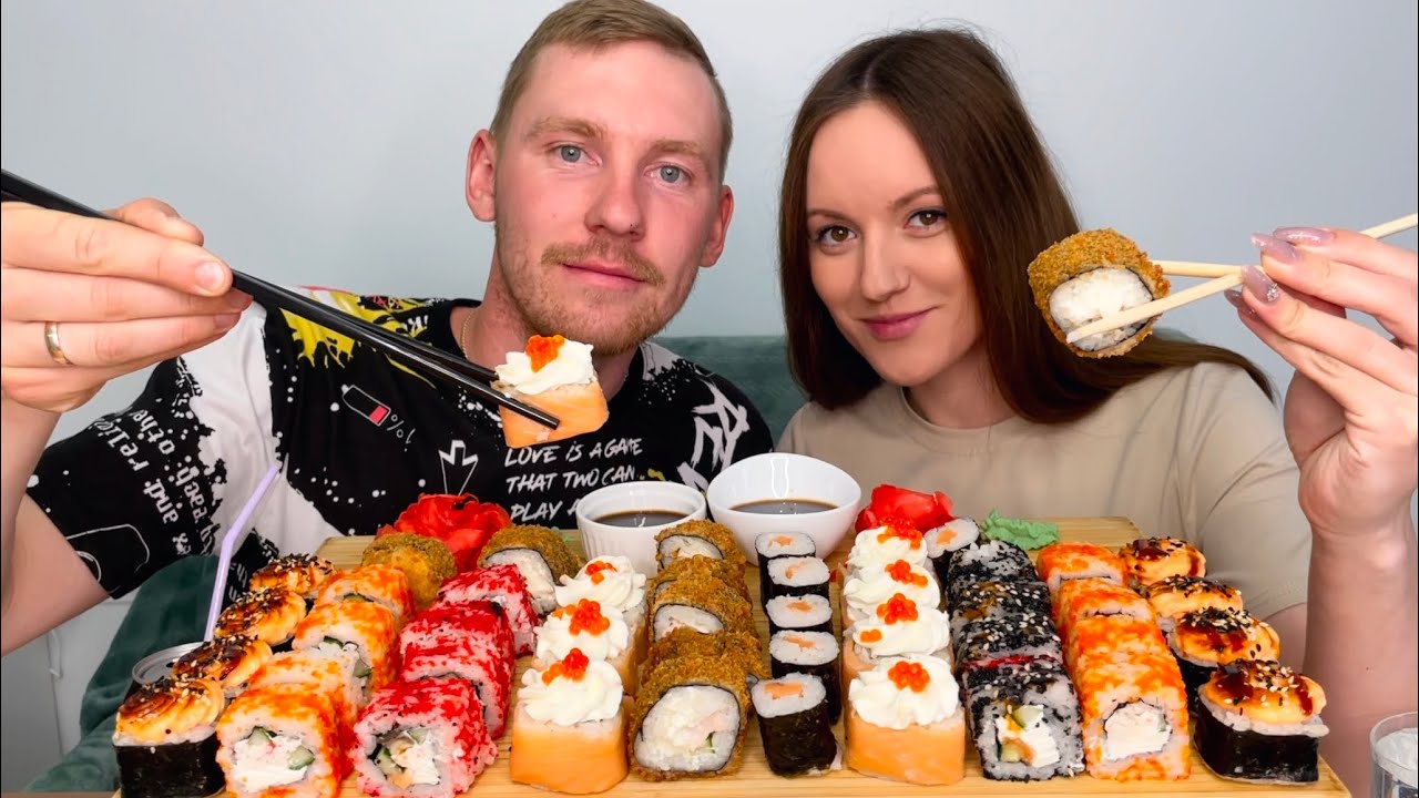 МУКБАНГ РОЛЛЫ ФИЛАДЕЛЬФИЯ ГОРЯЧИЕ СУШИ САЙТ TIKITEX РАСПАКОВКА MUKBANG ROLLS PHILADELPHIA HOT SUSHI
