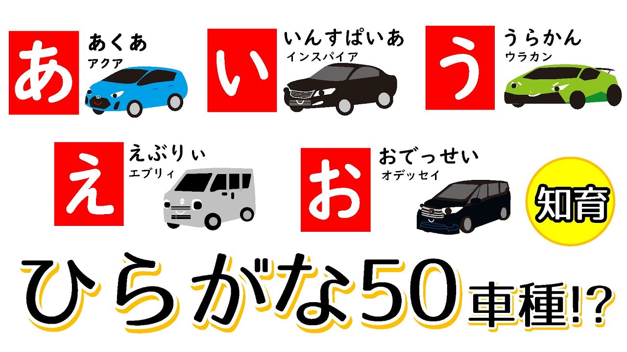 【知育】ひらがな 50車種⁈ あいうえお で街でよく見る車を覚えよう！/ 子供向け くるま アニメ 1歳 2歳 3歳 4歳