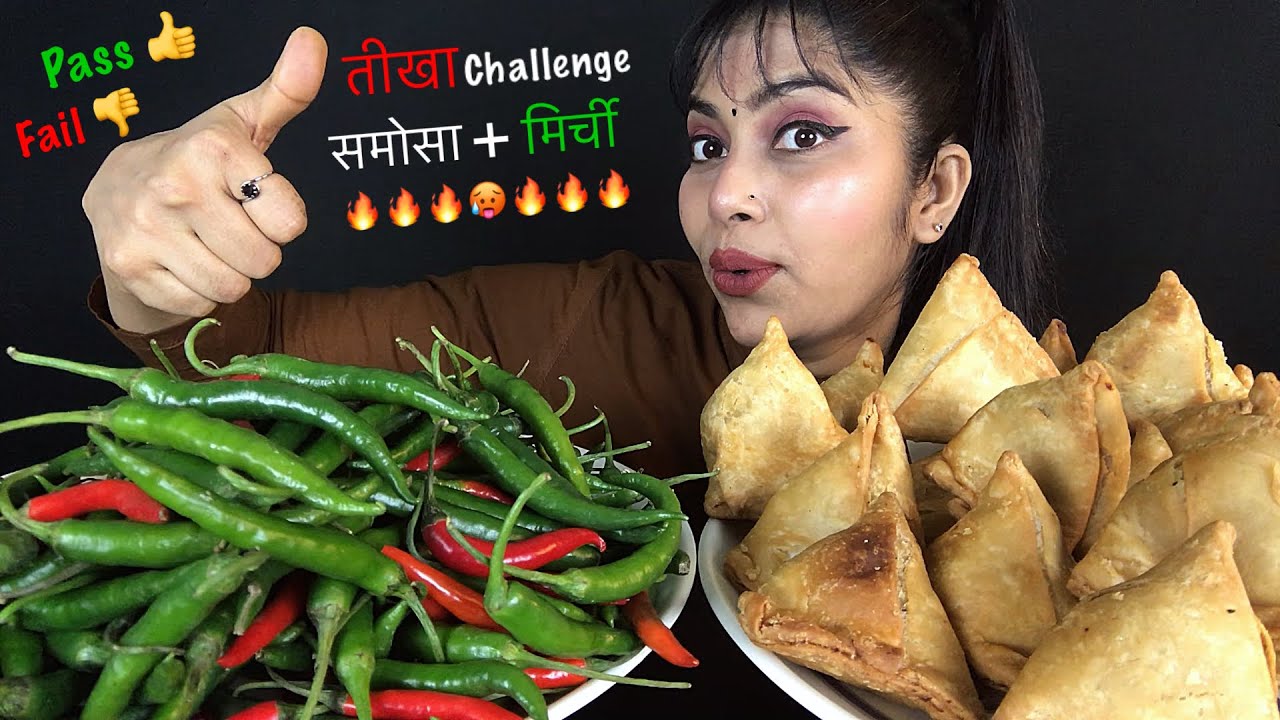 EATING LOTS OF CHILLI WITH ALOO SAMOSA | TEEKHA CHALLENGE SAMOSA+MIRCHI | BIG BITES MUKBANG SHOW