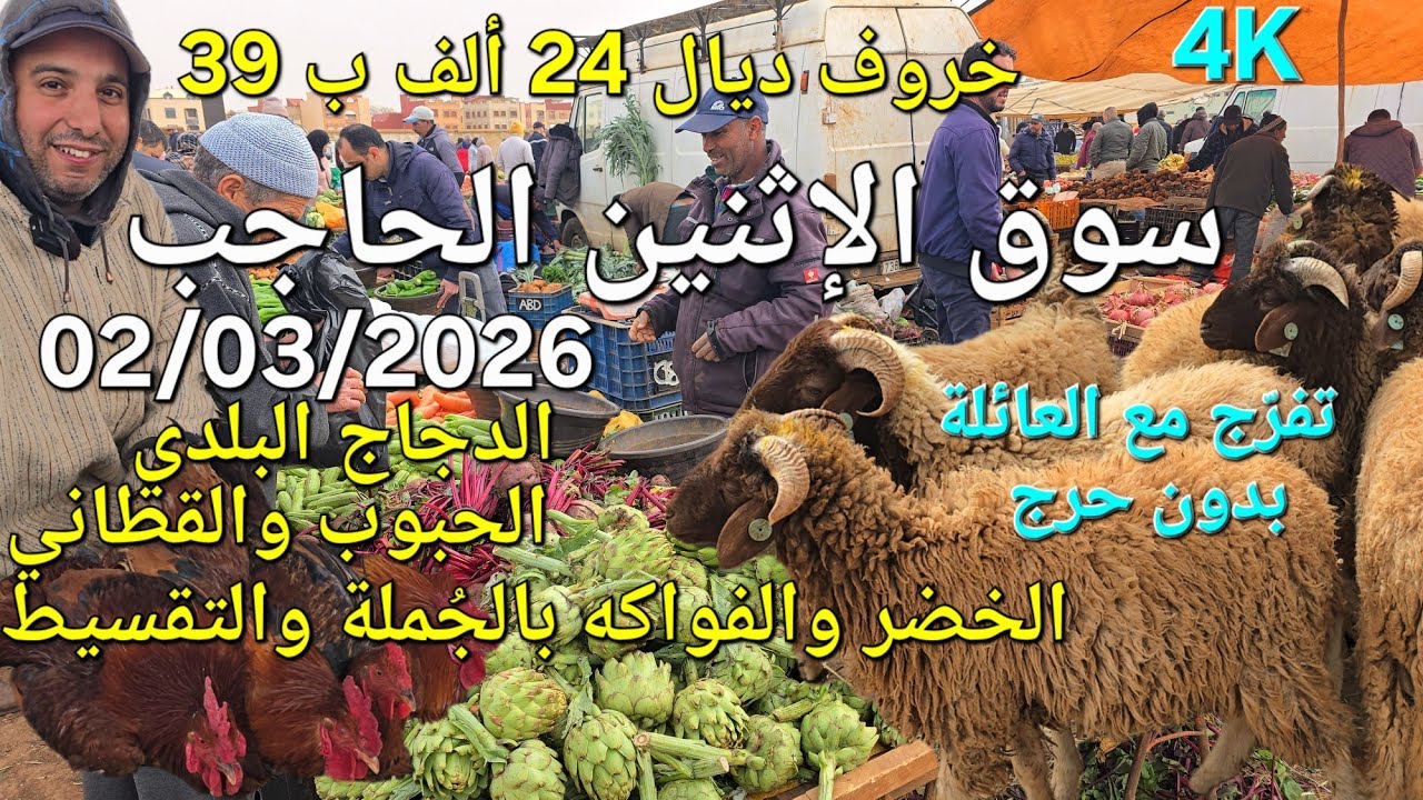 أثمنة الغنم والدجاج والحبوب والخضر سوق الاثنين الحاجب اليوم 02/03/2026