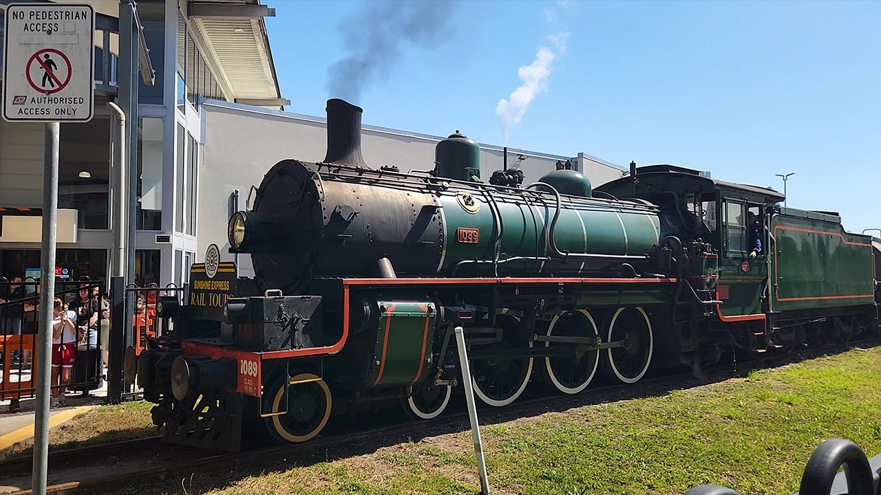 Steam Train Drives Through Shopping Centre - QR BB18 ¼  1079 and 1089