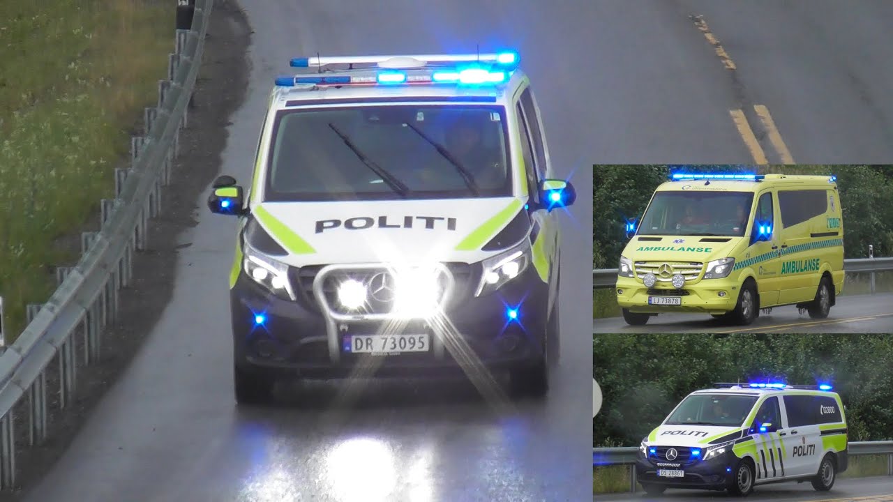 Ambulanse & politi på utrykning til buss ulykke | Police & ambulance responding to a bus accident