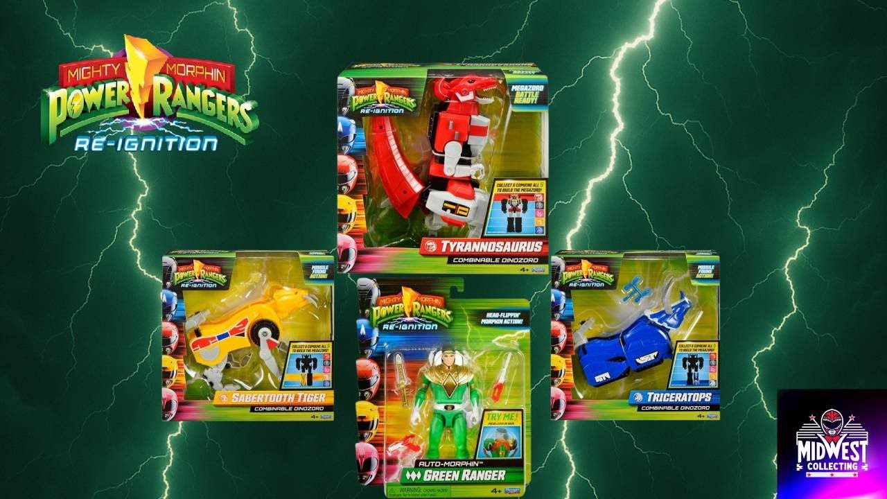 Power Ranger Re-Ignition T-rex zord, Sabretooth Tiger, Triceratops zord, and Green ranger Flip Head.