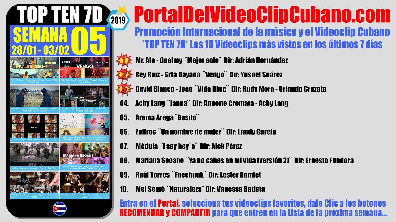 PORTAL DEL VÍDEO CLIP CUBANO * TOP TEN 7D * SEMANA 05 / 2019