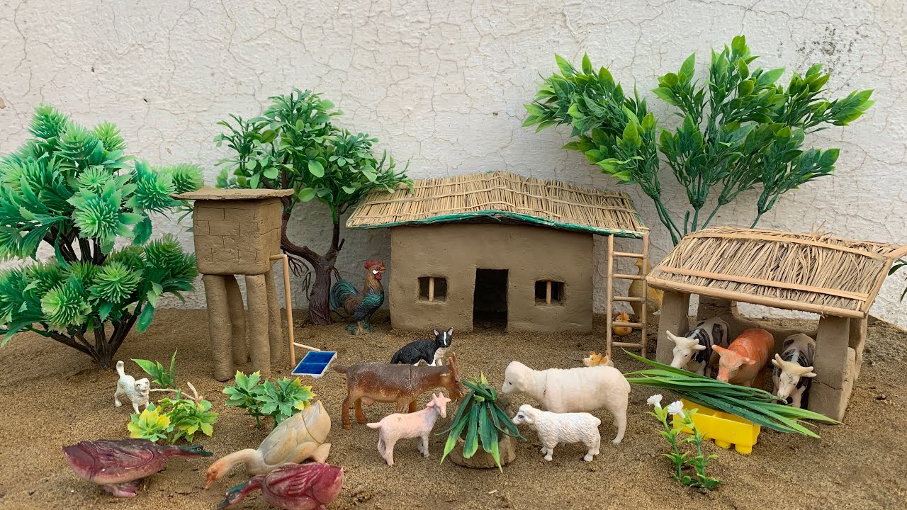 Amazing technique built miniature house | village clay house - cow shed | house of animals wooden